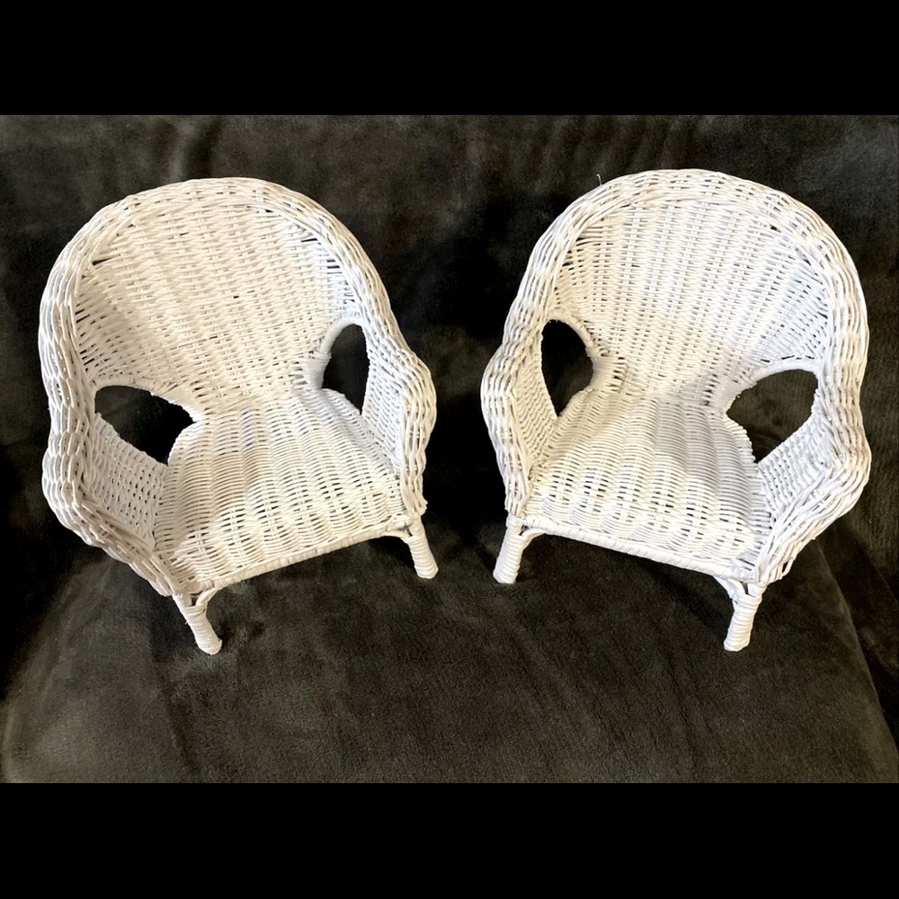 2 Vintage White wicker Doll Teddy Bear Chairs 10”